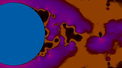 Chaotic fluid flow around a cylinder in trippy colors.