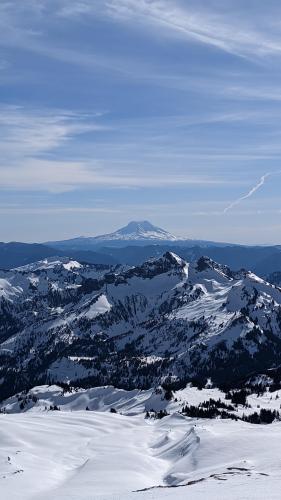 Mt Adams looming above the Tatoosh range from the Southern slopes of Mt Rainier []