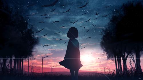 Girl looking at the sky at dusk