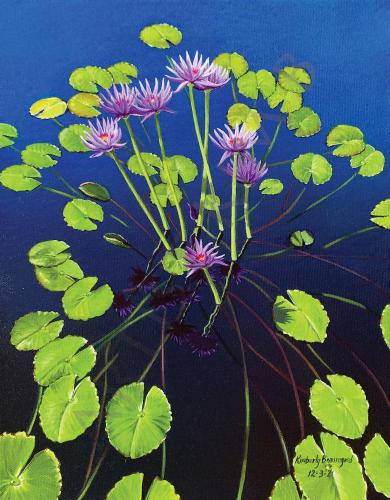 Water Lilies from the Denver Botanic Garden, CO. Original  11” x 14” acrylic painting. c2022
