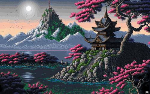 A pagoda  in pixel art style