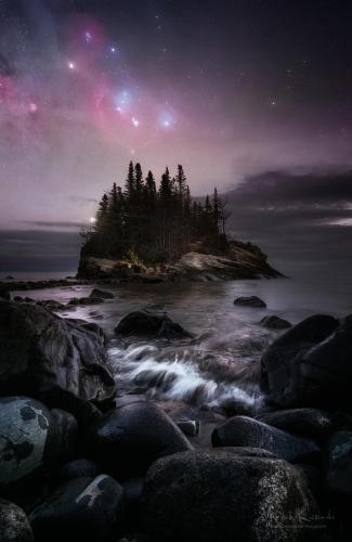 Orion rising along the rocky shores of Lake Superior - Minnesota