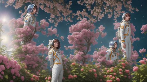 An astronaut in a garden on a spring day