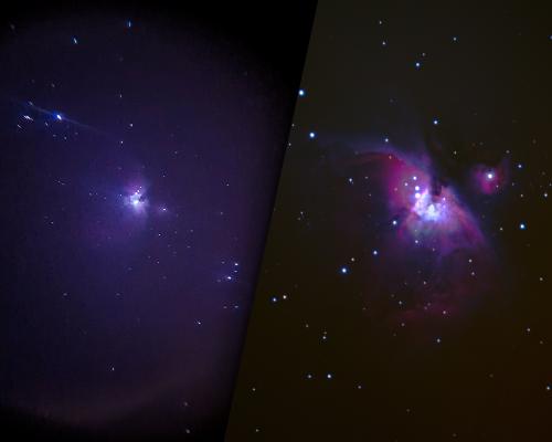Last photo I took with my phone of the Orion Nebula vs my first image with a dedicated astro camera