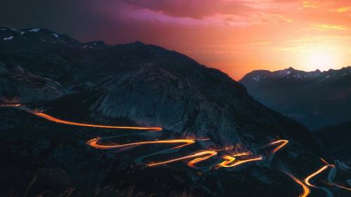 Sunset trails mountain roads long exposure