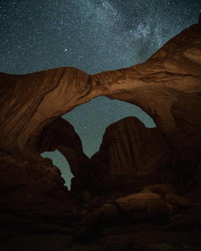 Double Arch beneath the night sky, Arches National Park