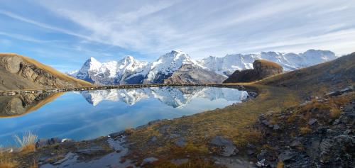 One sees more of the mountains from an adjacent hill. Mürren, Switzerland