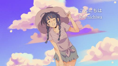 Cute anime girl on a soft clouds sky background | Customizable wallpaper