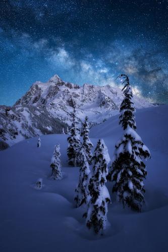 Milky Way rising above a North Cascades winter wonderland
