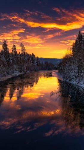 River, trees, winter, sunset, nature
