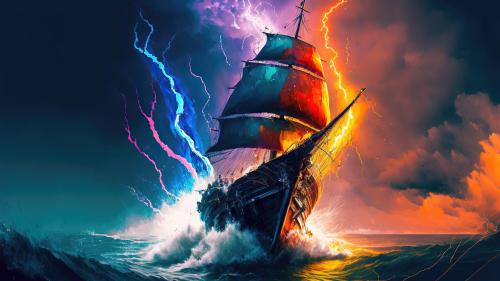 Ocean Ship Colorful Lightning AI Generated Wallpaper