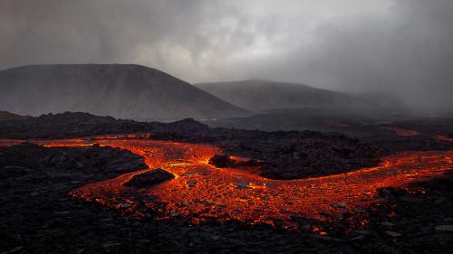 A River of Lava From The World's Newest Volcano, Geldingadalir, in Iceland.