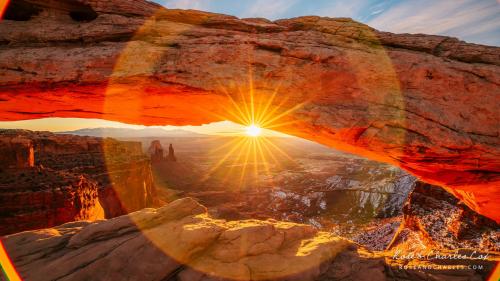 A winter sunrise from Mesa Arch in Canyonlands National Park near Moab, Utah