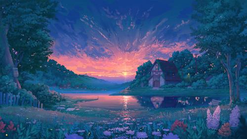 Sunrise behind lake []