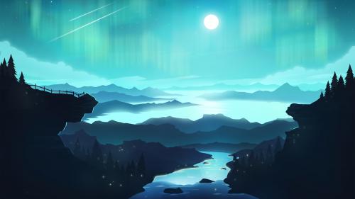 River at night with moon and northern lights