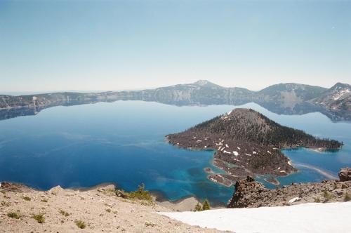 Crater Lake, Oregon, the lake is so blue it blends in with the sky