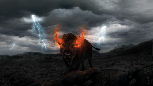 [1920 x 1080] Hell Bull - A bison bull exhumed by fire roaming around a dark and deserted volcanic landscape. The bison starved and depraved of food fell into the lava and consumed the fiery hell.