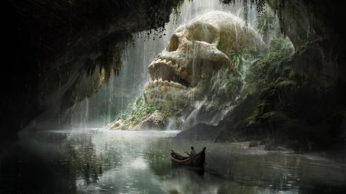 skull island character riding boat