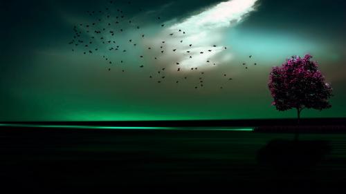 purple leafed tree under green sky