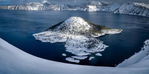 Crater Lake National Park after a winter snowstorm.