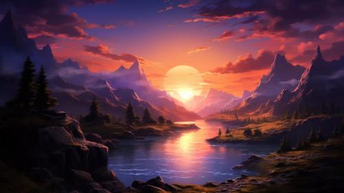 Lake Mountains Sunset AI Generated