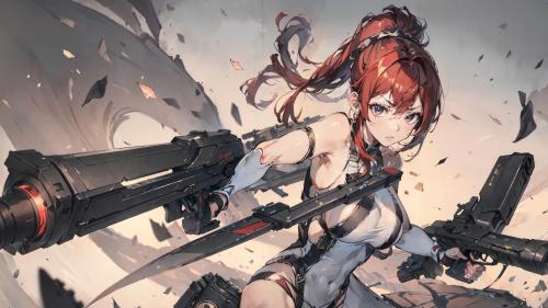 Anime Girl Red Hair Guns Sci Fi