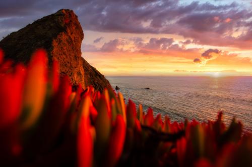 The sharp cliffs of Point Bonita Lighthouse during sunset, CA