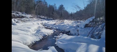 Slow flowing creek mid-winter in northern Minnesota, USA. OC
