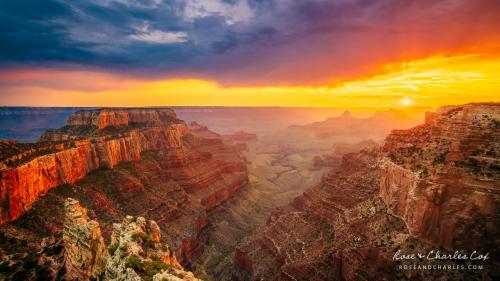 North Rim of the Grand Canyon with an Epic, Windy, and Smokey Sunset