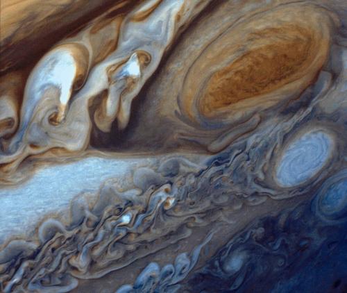Voyager's 1 View of Jupiter's Great Red Spot. Remember Jupiter's Great Red Spot is 1.3 times the diameter of Earth, crazy.