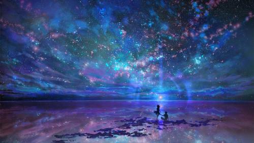 anime couple for desktop, scenic, stars, night, sky, silhouette