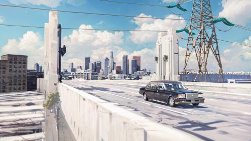 Toyota Century Limo crossing 4th Street Bridge, L.A.