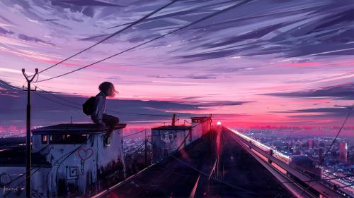 anime landscape for desktop, cityscape, scenic, sunset, anime girl