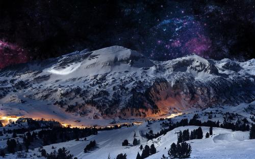 Snowy mountain at night