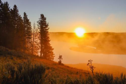 Sunrise through the thermal mists of Yellowstone River, Yellowstone National Park, Wyoming, USA