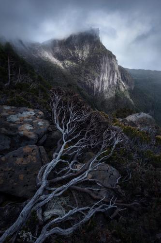 An incredibly dramatic morning in front of the tallest peak in Tasmania's Southwest National Park.