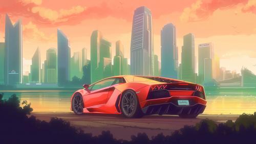 A Lamborghini in front of a city | Generated by AI and retouched