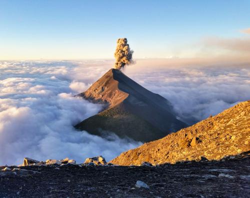 Volcan Fuego at sunrise, viewed from the summit of Acatenango, Guatemala