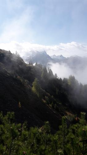 Morning mist lifting in a valley in Graubunden, Swiss Alps