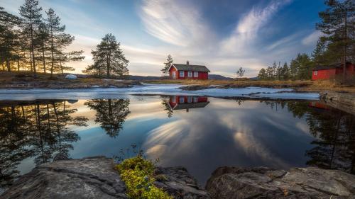 Wooden Houses On The Lake Desktop Wallpaper