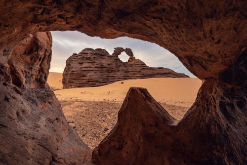 Kissing Camels rock formation in Tin Akacheker, Tamenrasset, Sahara desert of Algeria