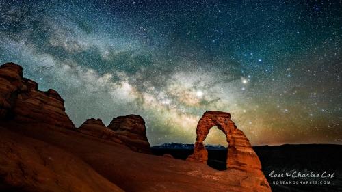 Milky way rising over Delicate Arch in Arches National Park - a 1.5 mile poorly marked hike near cliffs, in the dark of the new moon