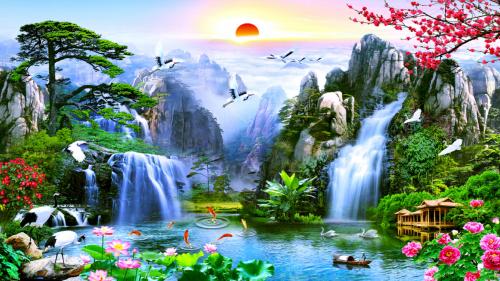mountain with waterfall and birds at sunset