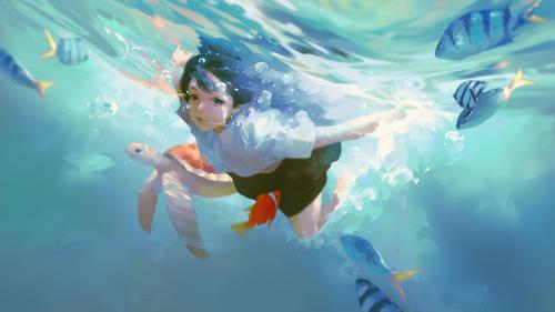 Girl in the sea with fish