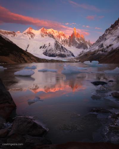 Cerro Torre, reflecting among the ice of Laguna Torre near El Chalten, Patagonia, Argentina