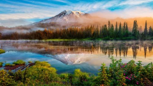 Mount Rainier And Bench Lake National Park Washington US State Sunrise