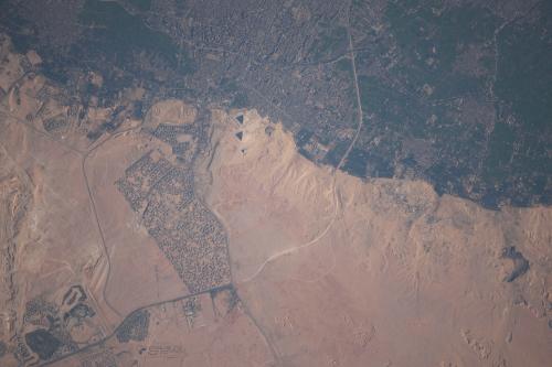 El Giza, the Great Pyramids, the Great Sphinx, and the city of Cairo in Egypt photographed on January 24, 2010 from the International Space Station.