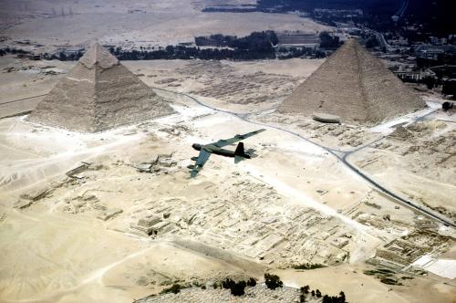 September 10, 1983: The Great Pyramids in El Giza, Egypt, and a United States Air Force B-52 Stratofortress bomber.
