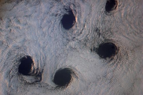 These von Kármán vortices over Alaska, USA were photographed on May 23, 2007 from the International Space Station.