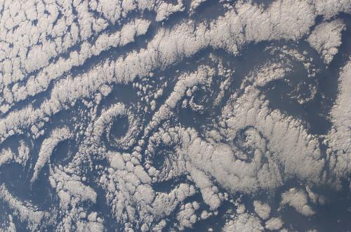 Clouds and von Kármán vortices photographed over the Atlantic Ocean on January 18, 2003 from Space Shuttle Columbia.